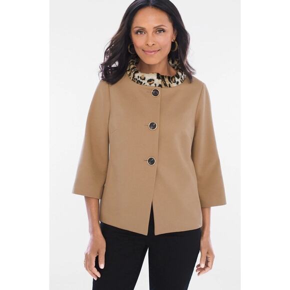 Chico's Women's Large Faux Fur Animal Collar swing Jacket Button Front Tan NWT - Picture 1 of 16